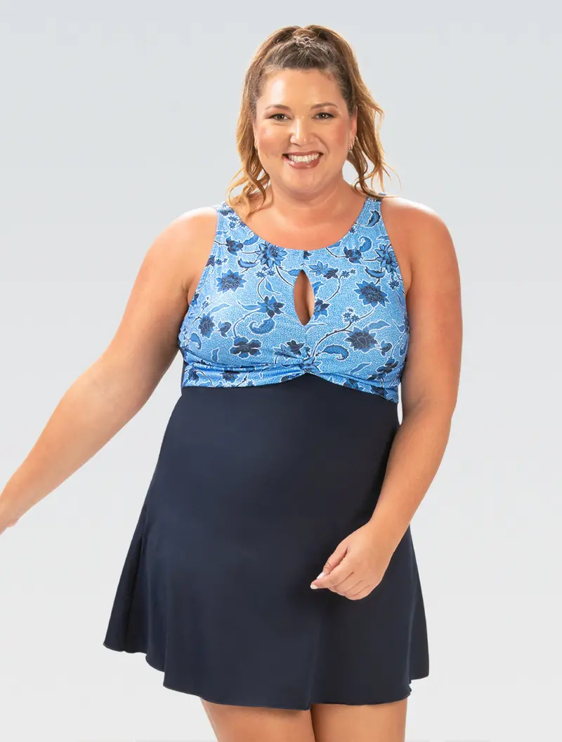 Dolfin Aquashape Amour Capri Swim Dress – Blue Knot-Front Style