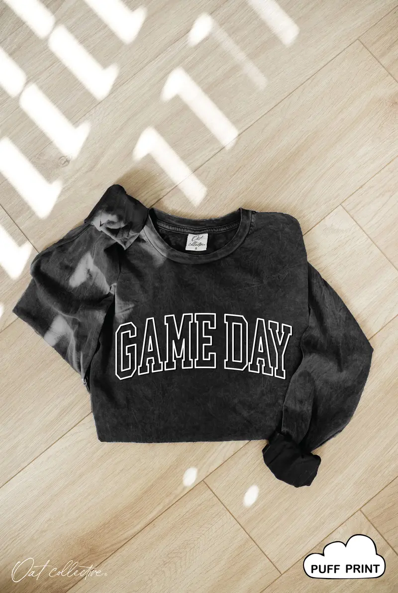 Game Day Long Sleeve Tee – Mineral-Washed Graphic Top 1