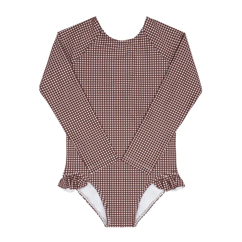 Girls' Cocoa Gingham Rash Guard One-Piece Swimsuit 1