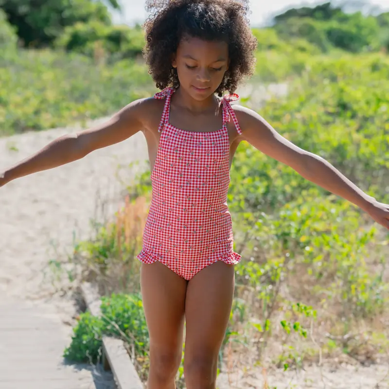 Girls' Cranberry Gingham Solid One-Piece Swimsuit 1