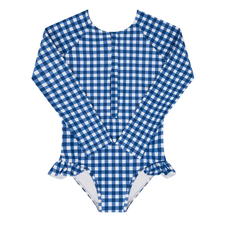 Girls' Navy Picnic Gingham Front-Zip Rashguard One-Piece 1