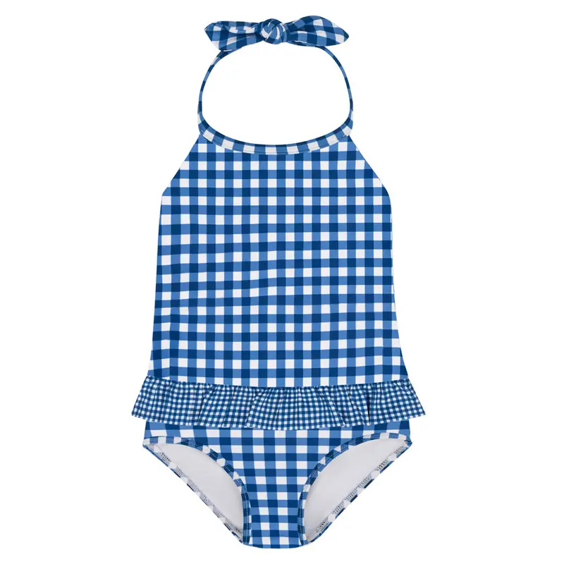 Girls' Navy Picnic Gingham Ruffle Halter One-Piece Swimsuit 1